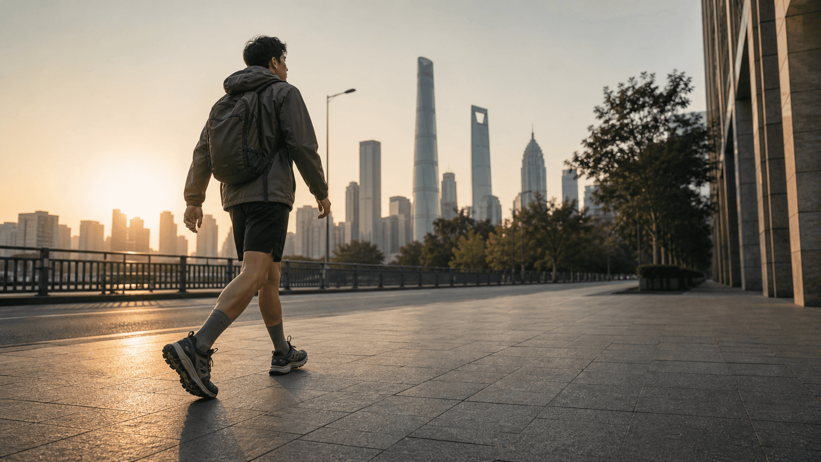 一位中国户外爱好者在城市清晨背包前行,脚穿户外鞋与中筒袜。