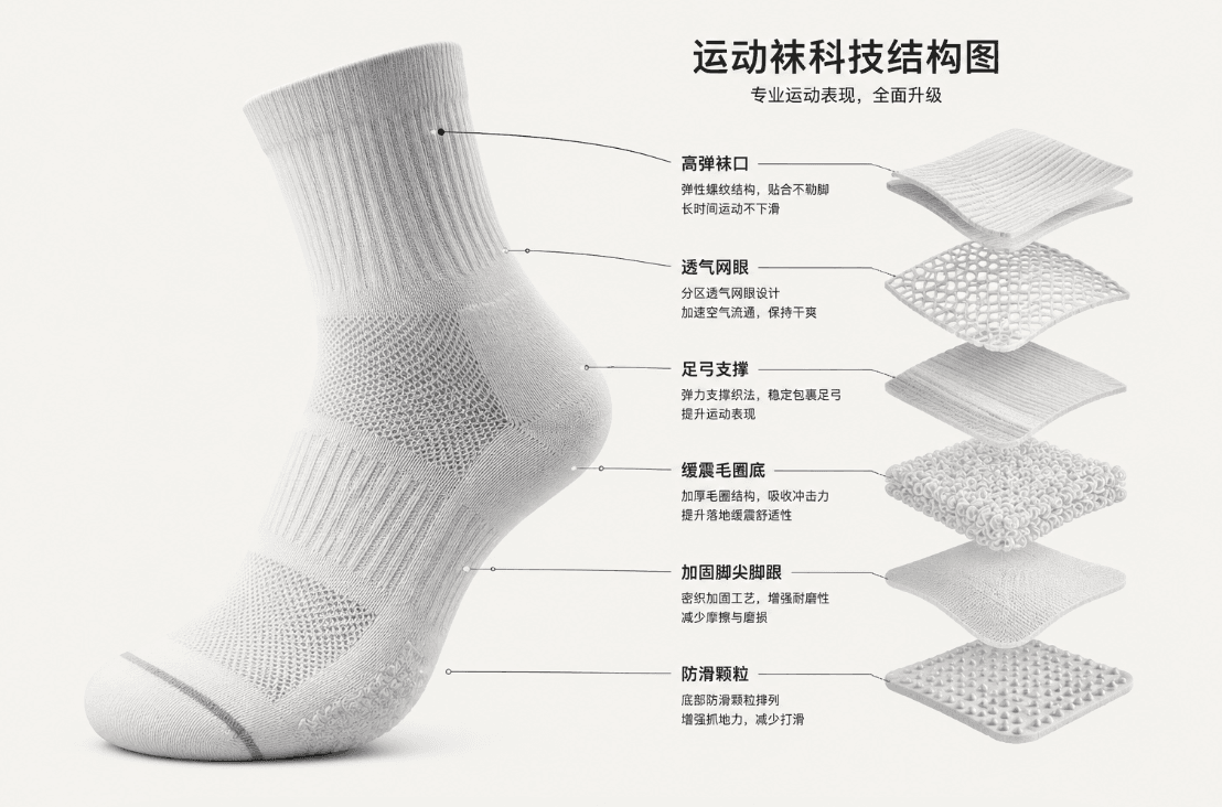 浅色背景上的白色运动袜结构展示图,包含主体袜体与多个局部结构图块。