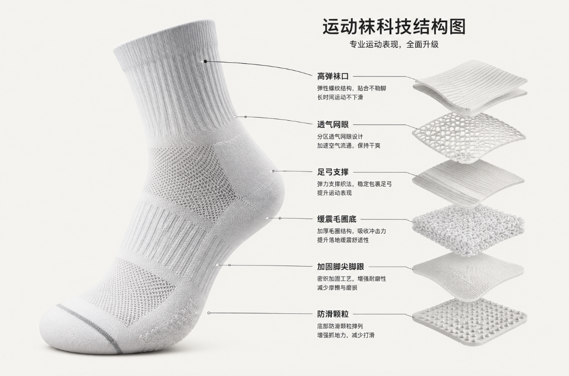 浅色背景上的白色运动袜结构展示图，包含主体袜体与多个局部结构图块。